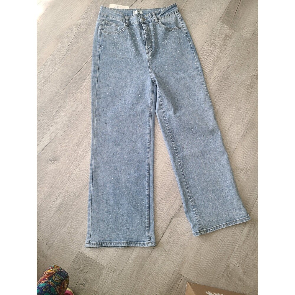 New Sparkly STRETCHY Jeans Rhinestone wide leg Pockets Size XL - Picture 3 of 6
